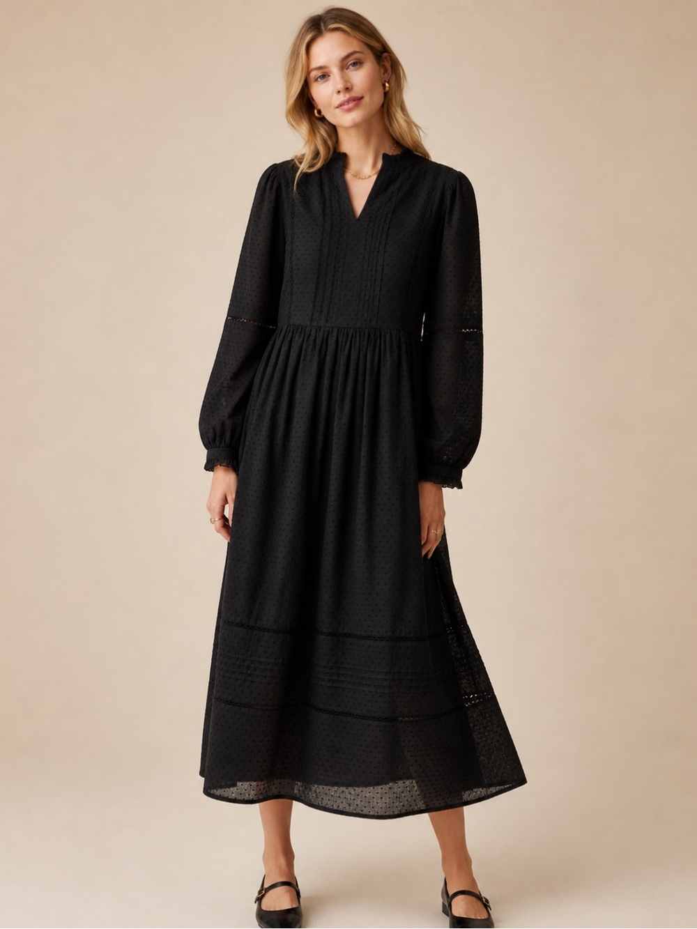 J.Crew Black Pintuck midi dress in clipdot